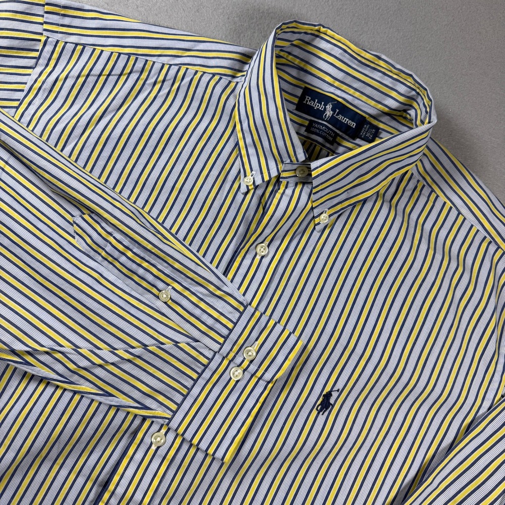 Ralph Lauren Yarmouth Button Down Shirt Mens 16.5 Yellow Blue Striped Cotton